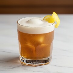 Classic whiskey sour cocktail with foamy top and lemon twist garnish served in lowball glass, sophisticated bar drink with citrus flavor for cocktail menus, upscale lounges, or whiskey events