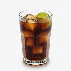 Cuba libre cocktail with lime wedge and ice in tall glass, refreshing rum and cola drink with condensation, classic mixed beverage for summer bar menus or tropical-themed cocktail designs