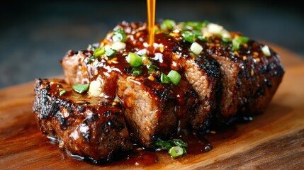 A mouthwatering grilled steak drizzled with savory sauce and topped with green onions, embodying culinary excellence and gourmet presentation on an inviting wooden platter.