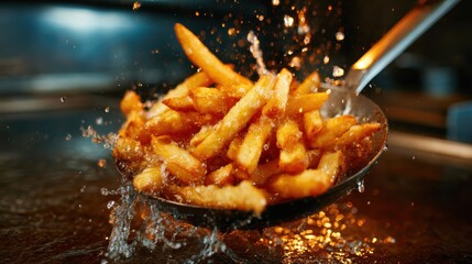 Golden crispy French fries being pulled from sizzling hot oil, capturing the excitement and allure of freshly made comfort food in a busy kitchen setting.