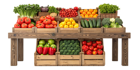 Fresh Farmers Market Stall with Colorful Fruits and Vegetables on Transparent Background
Wooden Market Stand Display of Healthy Organic Produce Isolated on White
