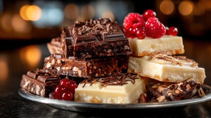 An enticing collection of rich chocolate bars adorned with fresh raspberries, showcasing a delectable mix of textures and flavors in a gourmet dessert spread.