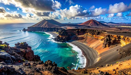Volcanic landscape meets vibrant ocean