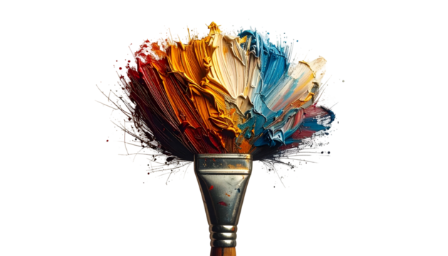 Paintbrush laden with colorful, textured paint against black background