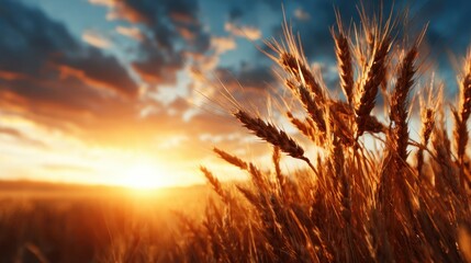 Golden wheat sways gently in the evening breeze beneath a picturesque sunset, capturing the essence of rural life and the beauty of nature’s transitions throughout the day.