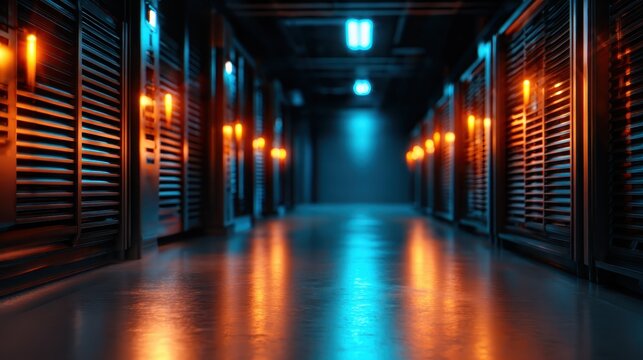 An intricately lit server room with glowing blue and orange lights creates a futuristic atmosphere, showcasing technology's vital role in today's digital landscape and innovation.