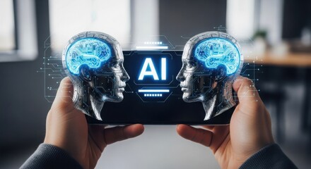 Artificial intelligence concept with human heads and ai text