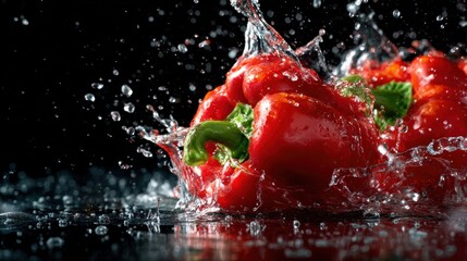 A fresh red bell pepper makes a dynamic splash as it hits the water, showcasing vibrant colors, movement, and freshness in a stunning still-life composition.
