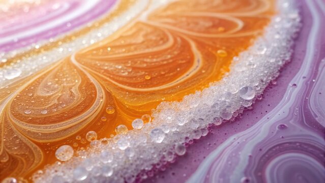 Vibrant swirls of orange and purple resin art with sparkling crystals