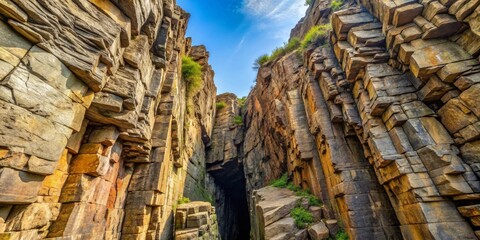 Fototapeta premium Sunlit Canyon of Geometric Stone Formations, a Natural Rock Structure with Vertical Columns and a Dark Cave Entrance
