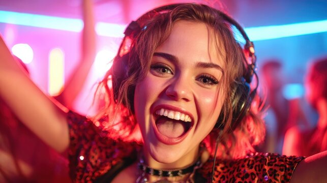 A happy girl wearing headphones joyfully celebrates amidst neon lights, showcasing a lively party atmosphere filled with excitement, music, and a sense of connection among friends.