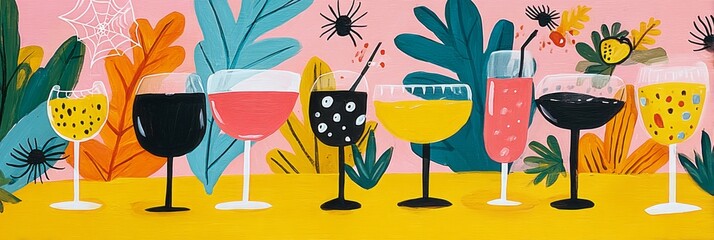 Colorful spooky cocktail glasses filled with red and black drinks are arranged playfully against a bright yellow background, embodying the festive spirit of autumn and Halloween, banner