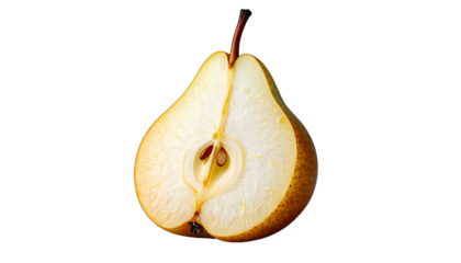 Sliced pear half showing core, seeds, flesh, brown skin on black background