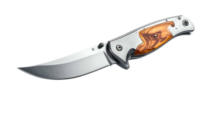 Folding knife with silver blade and wood grain handle, steel design
