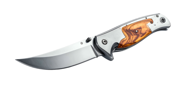 Folding knife with silver blade and wood grain handle, steel design