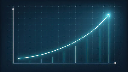 Glowing neon blue upward trend line graph on dark grid background