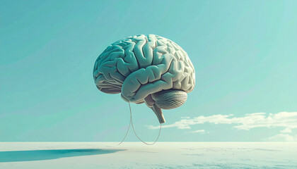 Floating human brain tethered by string in pale blue sky