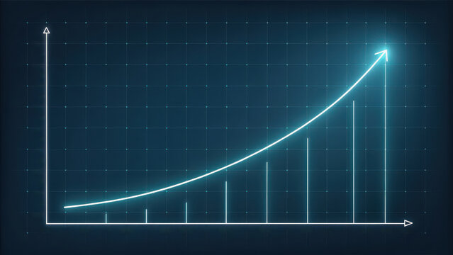 Glowing neon blue upward trend line graph on dark grid background