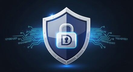 Cybersecurity shield with padlock and digital binary code background.