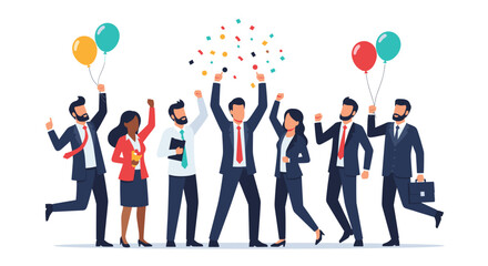 Diverse Business Team Celebrating Success with Confetti and Balloons, Vector Illustration
