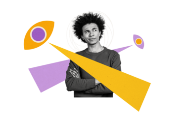 Creative collage picture young man folded hands vision espionage look stare supervision superintendence drawing background