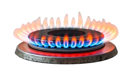 Vibrant Gas Burner Flame Close Up Energy Efficiency and Modern Kitchen Appliance on Black Background