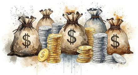 Burlap Money Bags with Dollar Signs Surrounded by Gold and Silver Coin Stacks on Artistic Watercolor Background