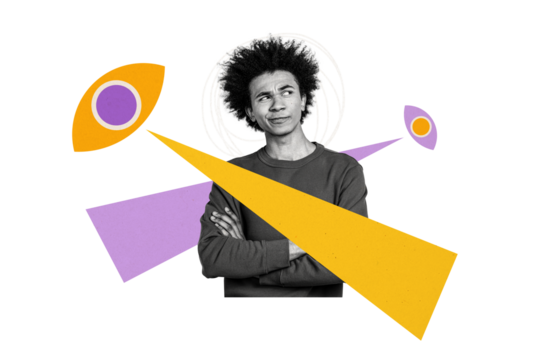 Creative collage picture young man folded hands vision espionage look stare supervision superintendence drawing background