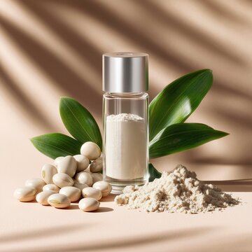 Luxury advertising composition, transparent glass vial filled with concentrated white bean extract, placed beside fresh beans and powder. Bright gradient background with refined shadows