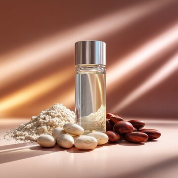 Luxury advertising composition, transparent glass vial filled with concentrated white bean extract, placed beside fresh beans and powder. Bright gradient background with refined shadows