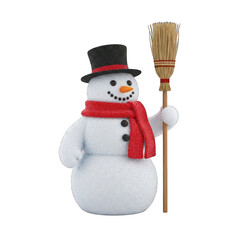 Cheerful snowman with broom on transparent background