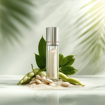 Luxury advertising composition, transparent glass vial filled with concentrated white bean extract, placed beside fresh beans and powder. Bright gradient background with refined shadows