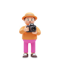 A cute 3D cartoon character of a photographer or tourist holding a professional camera