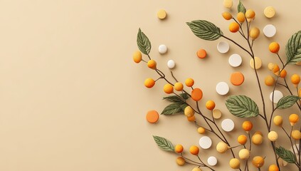 Berries & leaves art with pale circles on beige backdrop