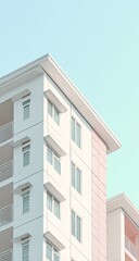 Clean white building with modern pink accents, blue sky