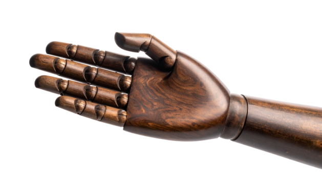 Wooden hand mannequin outstretched, showing detailed joints. Dark wood - Powered by Adobe
