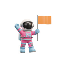Cartoon Astronaut Victory Celebration with Flag on Space Mission