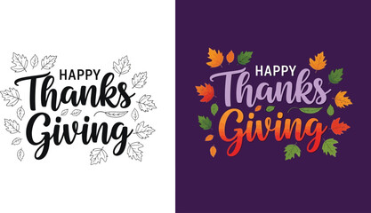 Festive 'Happy Thanksgiving' lettering surrounded by colorful autumn leaves and outline drawing