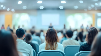 Fototapeta premium A group of students and professionals listens attentively to a presenter in a conference hall, with a blurred background highlighting the seminar atmosphere.