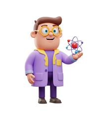 A 3D cartoon scientist character in a purple lab coat holding an atomic model on a white background