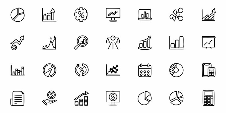 Collection of twenty icons representing business and finance concepts for analysis and strategy