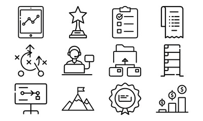 Business Strategy and Finance Line Icons – Growth, Customer Support, Achievement, Data Management, Planning, Charts, Goals, and Success Vector Set