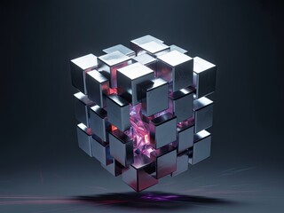 Dynamic Metallic Cube with Glowing Purple Core - Abstract 3D Digital Art.