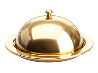 Shiny golden food cloche with domed lid isolated on a transparent background serving