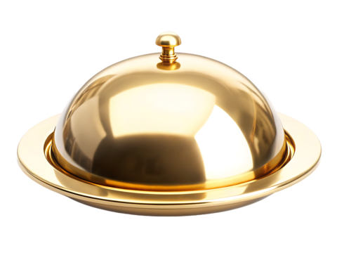 Shiny golden food cloche with domed lid isolated on a transparent background serving