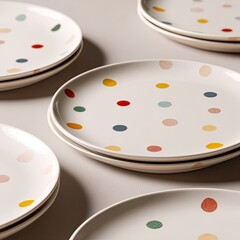 Stacked plates with colorful dot pattern on gray surface