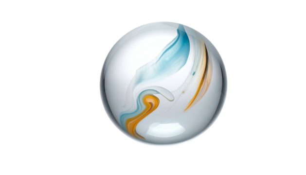Glass sphere with colorful swirls of blue, orange, and yellow
