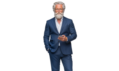 Confident senior businessman with glasses and beard, holding phone