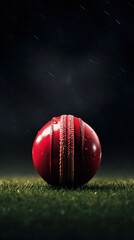 A wet red cricket ball sits on the green grass with rain falling in the background