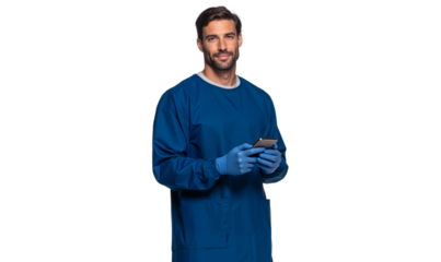 Smiling male surgeon or doctor in blue scrubs and gloves, holding a smartphone
